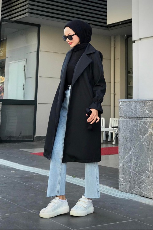 Kolu Fırfırlı Trençkot Siyah