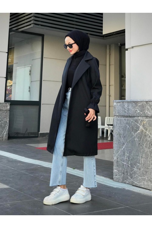 Kolu Fırfırlı Trençkot Siyah