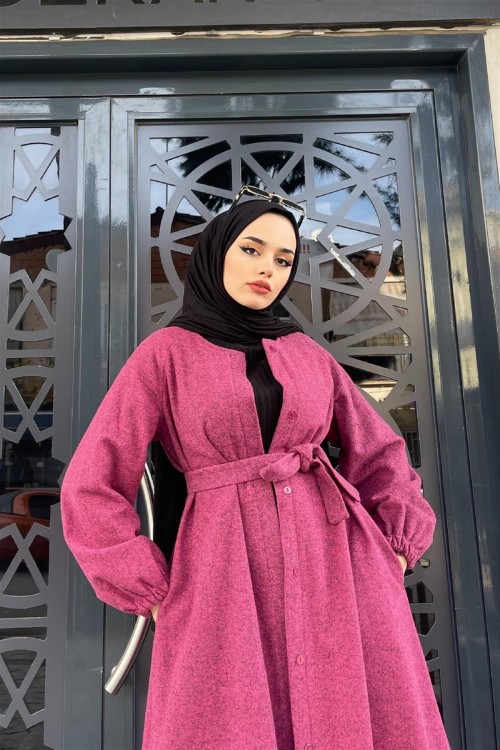 Kolu Lastikli Kuşaklı Kaban Pembe