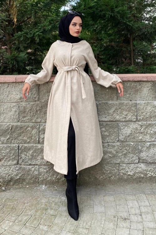 Kolu Lastikli Kuşaklı Kaşe Kaban Bej