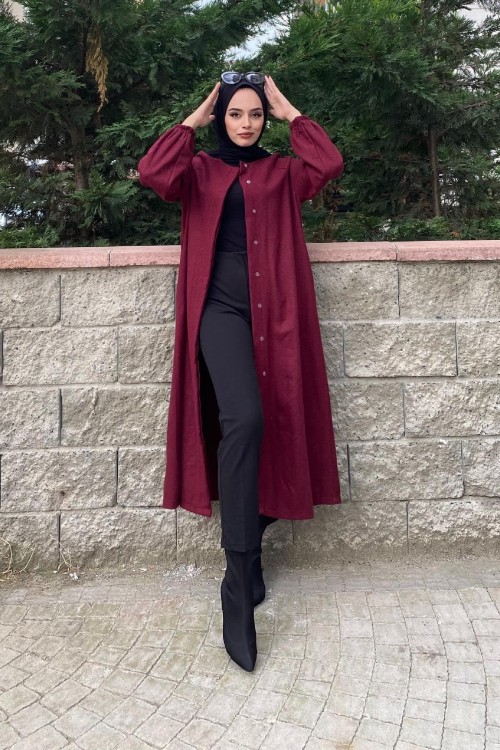 Kolu Lastikli Kuşaklı Kaşe Kaban Bordo