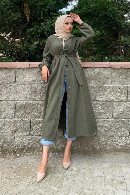 Kolu Lastikli Kuşaklı Kaşe Kaban Haki