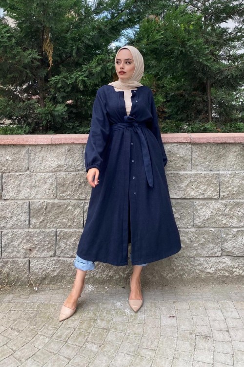 Kolu Lastikli Kuşaklı Kaşe Kaban Lacivert