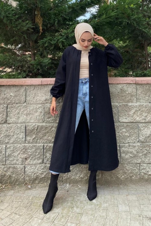 Kolu Lastikli Kuşaklı Kaşe Kaban Siyah