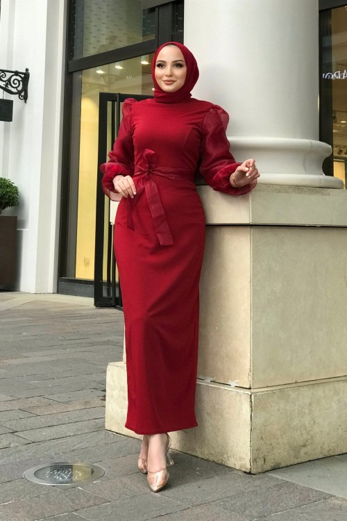 Kolu Tül Detaylı Kalem Elbise Kırmızı