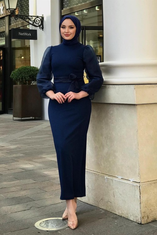 Kolu Tül Detaylı Kalem Elbise İndigo