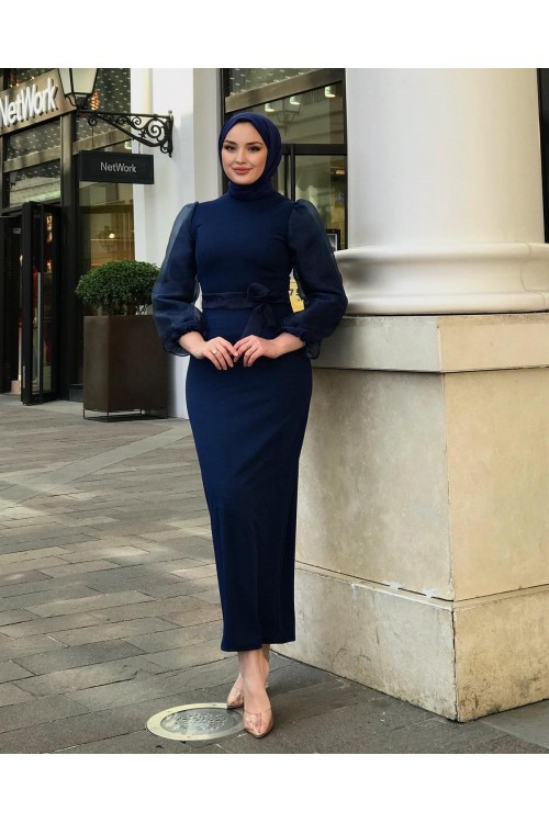 Kolu Tül Detaylı Kalem Elbise İndigo