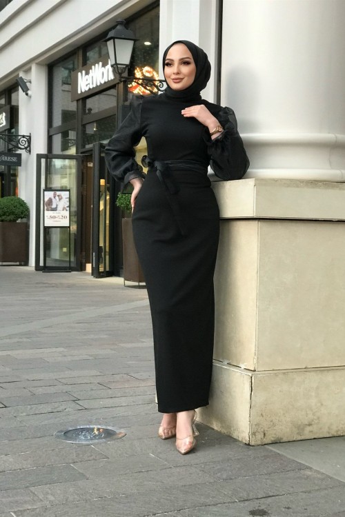 Kolu Tül Detaylı Kalem Elbise Siyah