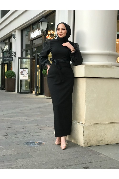 Kolu Tül Detaylı Kalem Elbise Siyah