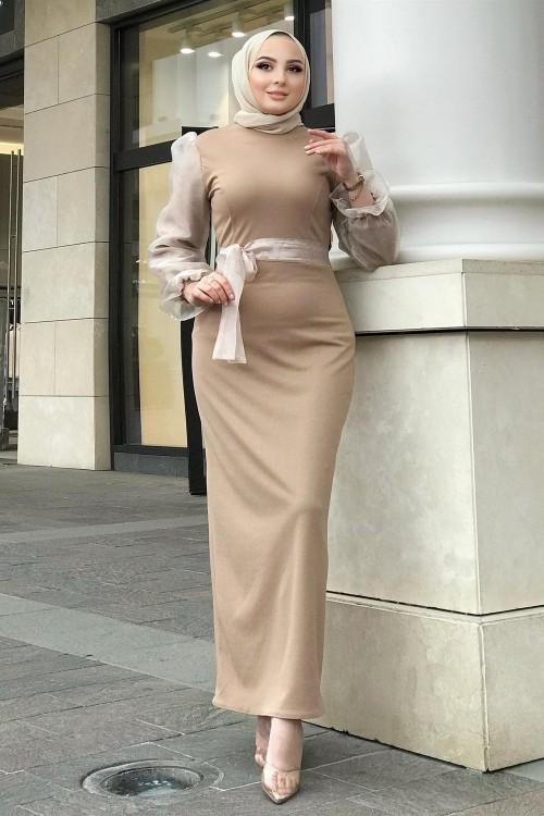 Kolu Tül Detaylı Kalem Elbise Vizon