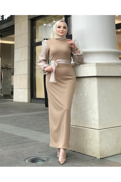 Kolu Tül Detaylı Kalem Elbise Vizon