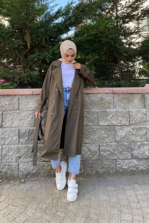Kruvaze Yaka Düğmeli Trençkot Haki