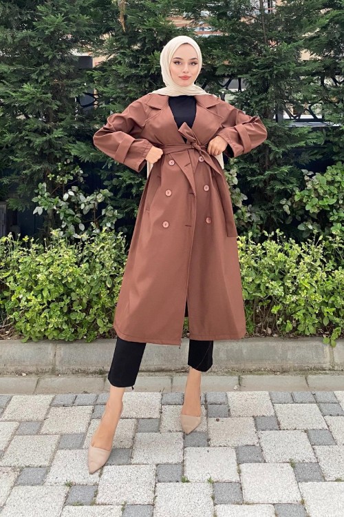 Kruvaze Yaka Düğmeli Trençkot Kahverengi