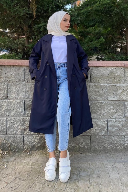 Kruvaze Yaka Düğmeli Trençkot Lacivert