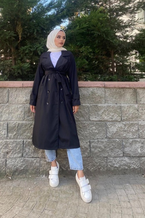 Kruvaze Yaka Düğmeli Trençkot Siyah