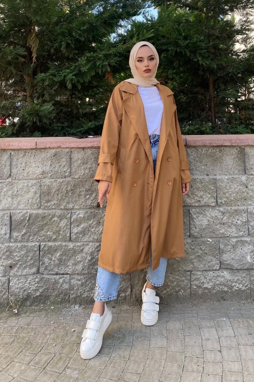 Kruvaze Yaka Düğmeli Trençkot Sütlü Kahve
