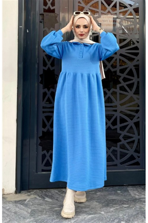 Küçük Kapitone Yakalı Elbise Mavi