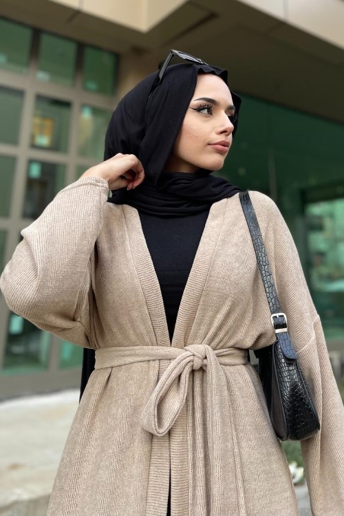 Kuşaklı Uzun Hırka SütlüKahve