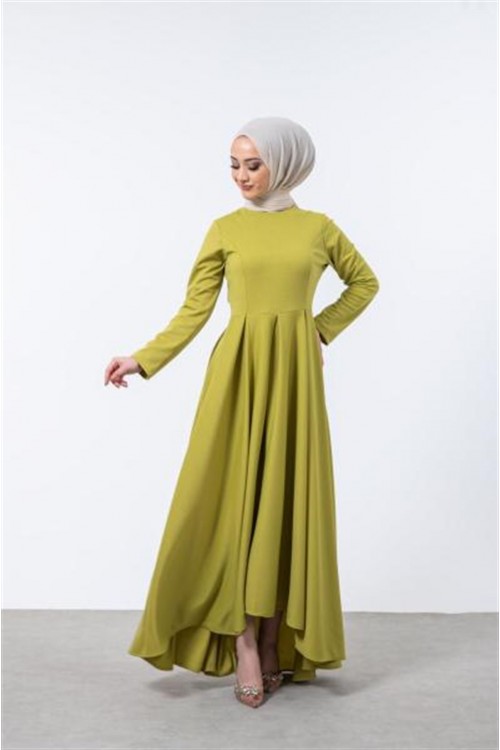 Kuyruklu Pileli Elbise Yağ Yeşili