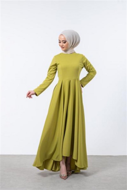 Kuyruklu Pileli Elbise Yağ Yeşili