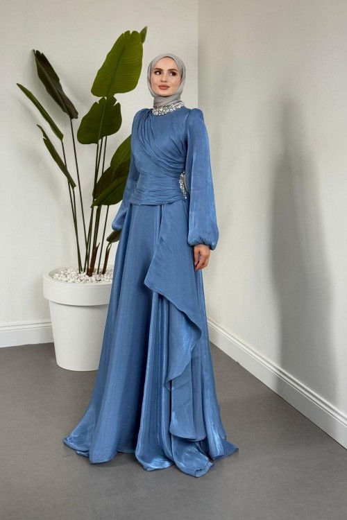 Kylea Yandan Taşlı Jan Jan Abiye Mavi