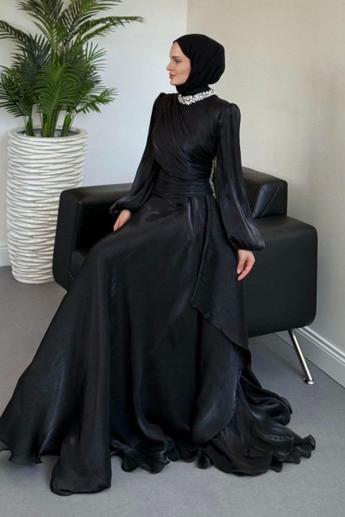 Kylea Yandan Taşlı Jan Jan Abiye Siyah