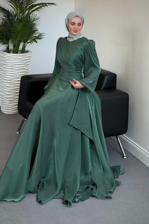 Kylea Yandan Taşlı Jan Jan Abiye Yeşil