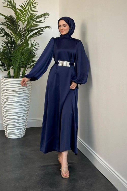 Ladia Ayna Kemerli Balon Kol Saten Abiye Lacivert