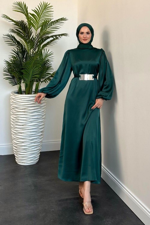 Ladia Ayna Kemerli Balon Kol Saten Abiye Zümrüt