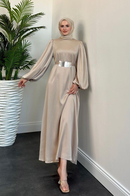 Ladia Ayna Kemerli Balon Kol Saten Abiye Krem