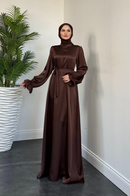 Lady Kolu Fırfır Saten Abiye Kahverengi
