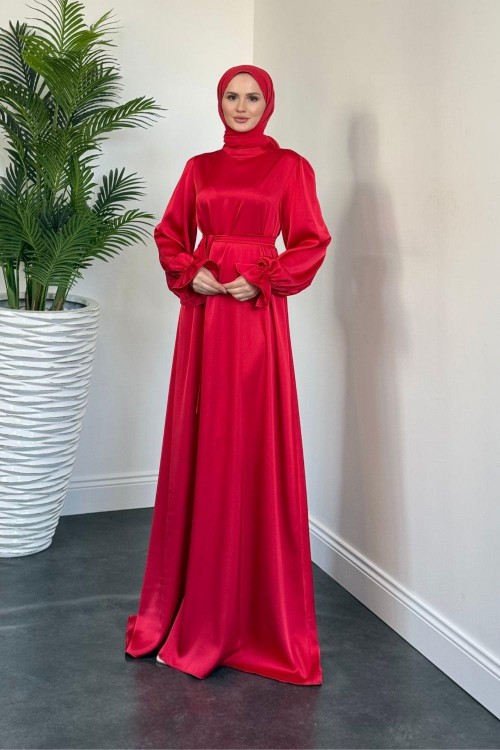 Lady Kolu Fırfır Saten Abiye Kırmızı