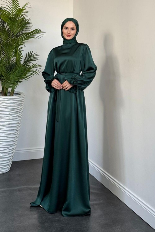 Lady Kolu Fırfır Saten Abiye Zümrüt