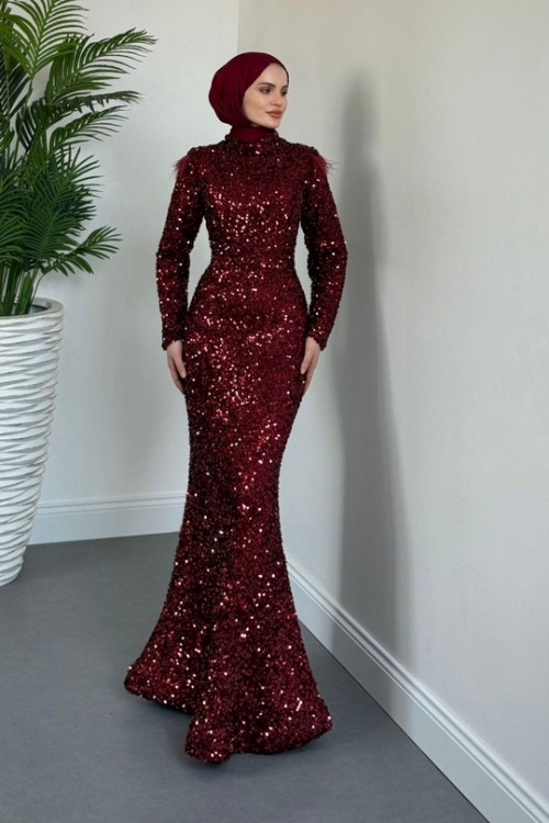 Lalin Payetli Balık Abiye Bordo