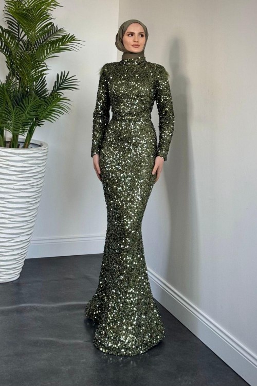 Lalin Payetli Balık Abiye Haki