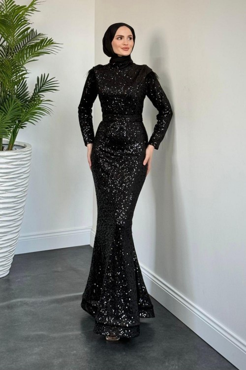 Lalin Payetli Balık Abiye Siyah