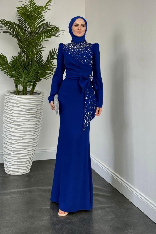 Lalissa Yandan Fiyonklu Taşlı Krep Abiye Sax