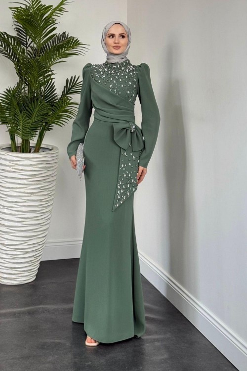 Lalissa Yandan Fiyonklu Taşlı Krep Abiye Mint