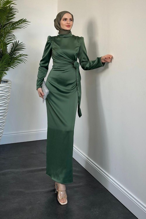 Laure Yandan Bağlamalı Saten Abiye Haki