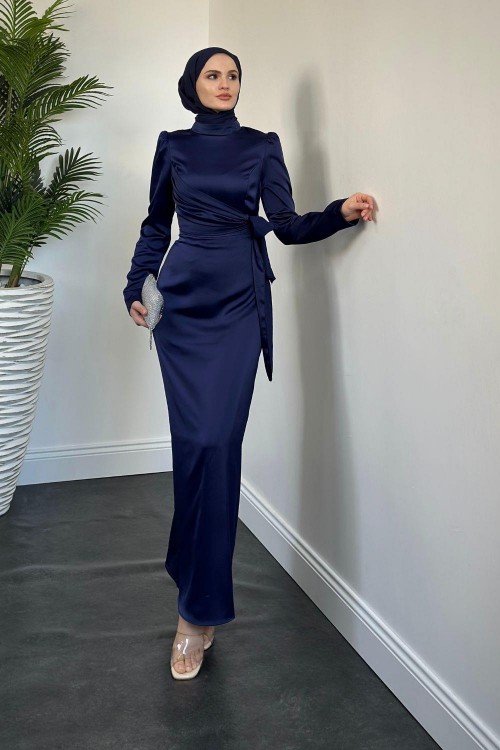 Laure Yandan Bağlamalı Saten Abiye Lacivert