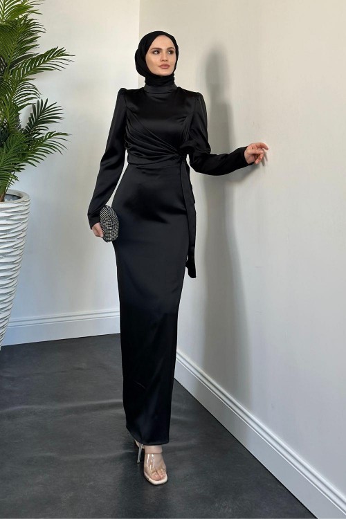 Laure Yandan Bağlamalı Saten Abiye Siyah