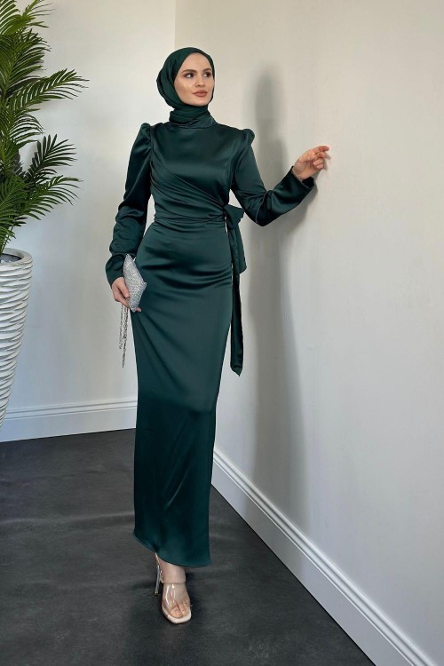 Laure Yandan Bağlamalı Saten Abiye Zümrüt