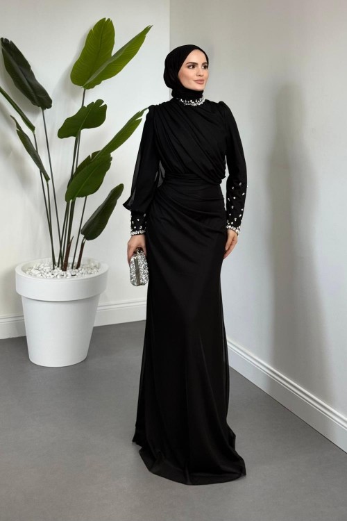 Lavrine Boynu Ve Kolu Taşlı Tül Abiye Siyah