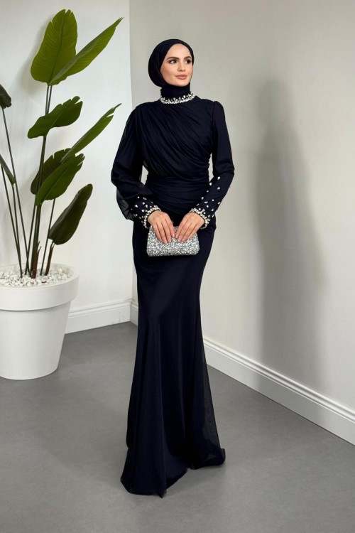 Lavrine Boynu Ve Kolu Taşlı Tül Abiye Lacivert