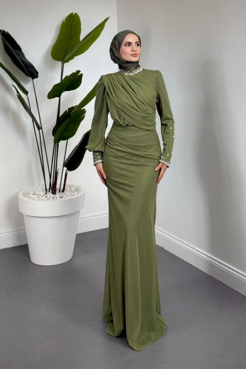 Lavrine Boynu Ve Kolu Taşlı Tül Abiye Haki