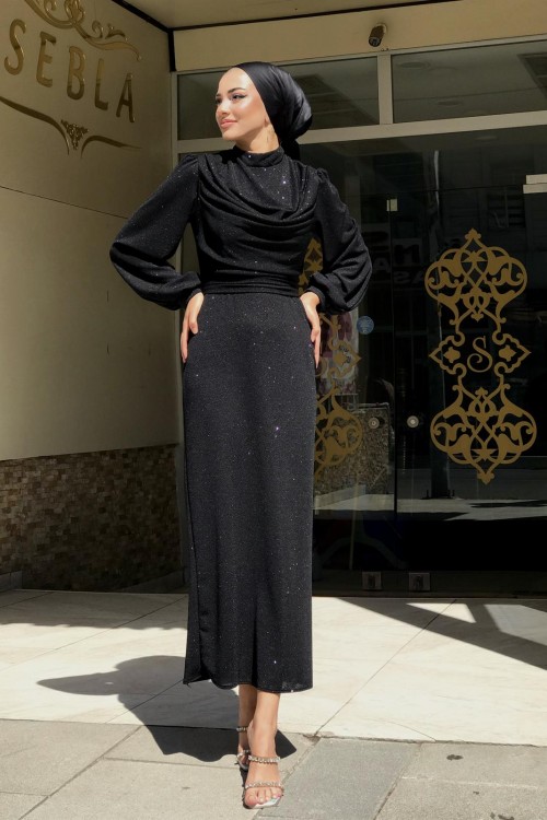 Lenora Bluzanlı Simli Kalem Abiye Siyah