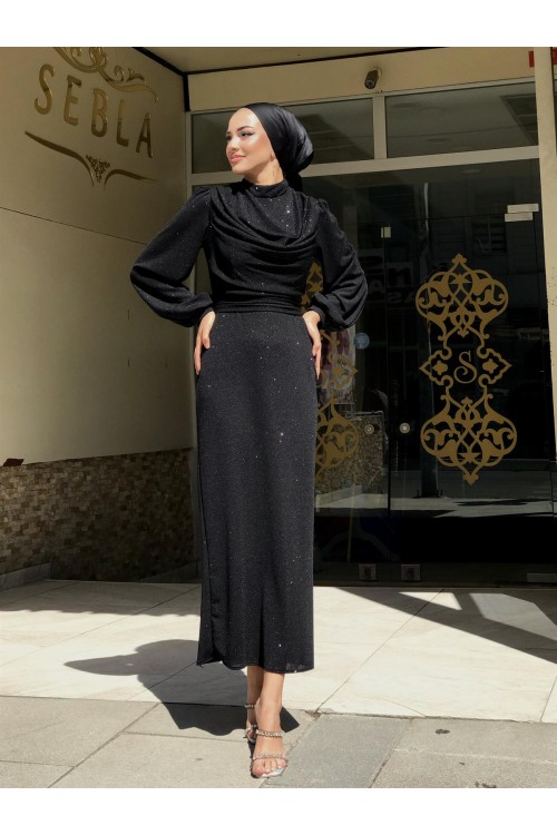 Lenora Bluzanlı Simli Kalem Abiye Siyah