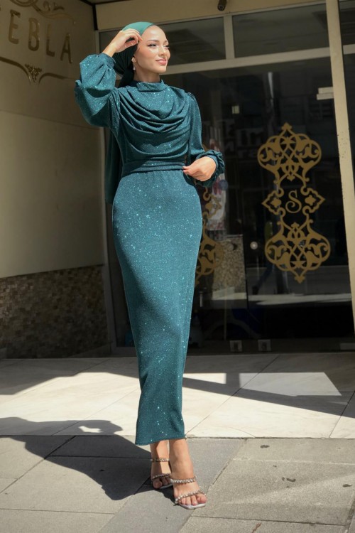 Lenora Bluzanlı Simli Kalem Abiye Zümrüt