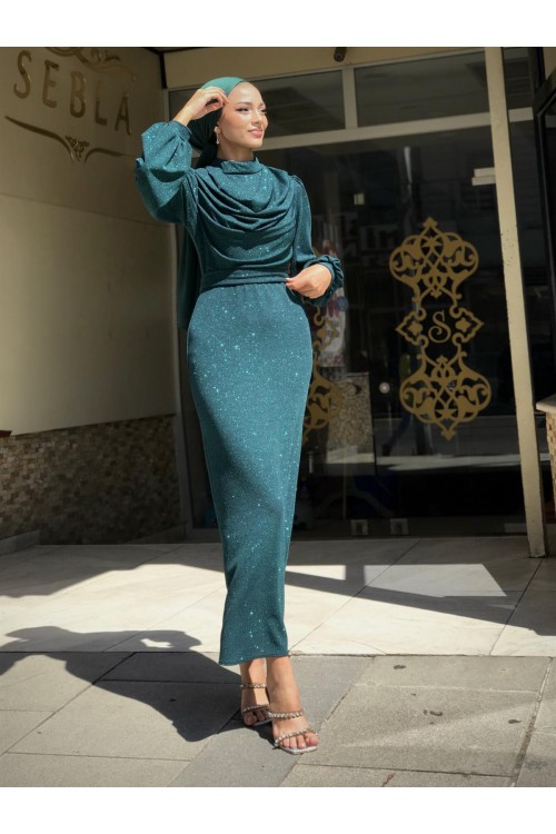 Lenora Bluzanlı Simli Kalem Abiye Zümrüt