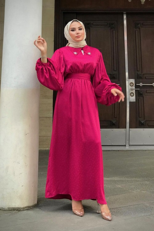 Lenta Puantiye Yakası Taşlı Elbise Fuşya